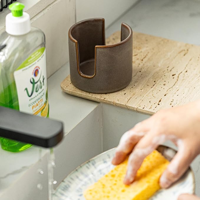 Zoeeker Ceramic Sponge Holder for Kitchen Sink, Dish Sponge Caddy Scrubby Caddy Drying Rack Kitchen Organizer for Countertop, Farmhouse Decor, Dark Agate Red