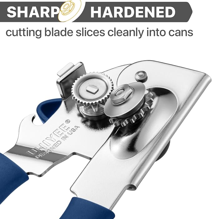 UHIYEE Heavy Duty Hand Can Opener with Comfortable Grip for Seniors, Blue | Manual Can Opener, Hardened Steel Blade, Rubber-Coated Handle, Oversize Knob, Built-in Magnet & Bottle Opener