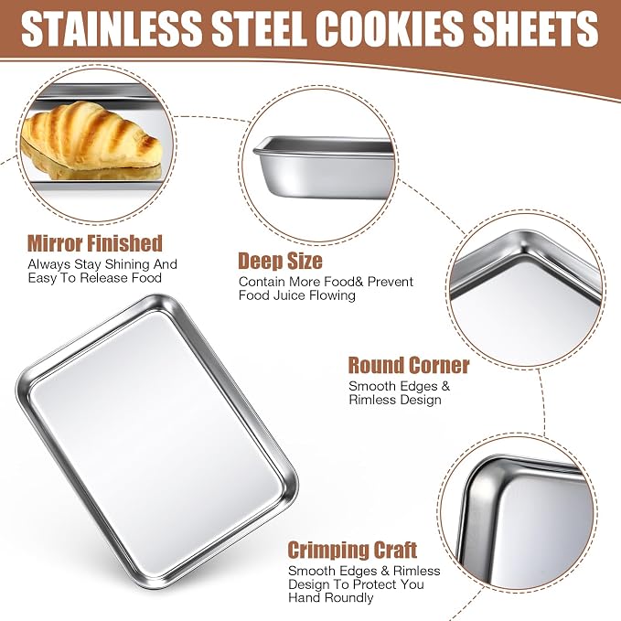 Potchen 18 Pcs Baking Sheet Pan Set Stainless Steel Cookie Sheet Small Toaster Oven Pans Tray Barbecue Grill Pan Rectangle Trays Oven Freezer Bakery, Non-stick, Easy Clean, 9 x 6.7 x 1 Inches