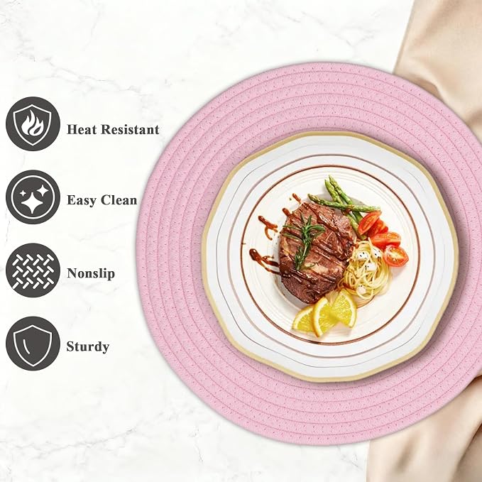 Round Placemats Set of 6, Cotton Rope Woven Table Mats, Hot Pads for Kitchen, Non Slip Heat Resistant Place Mats, 13 Inches Braided Placemat for Farmhouse Decor and Kitchen Table Decor (Pink)