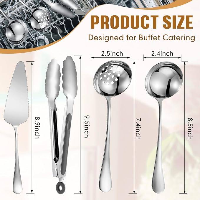 19 Pcs Serving Utensils Set Stainless Steel Tongs,Silver | Includes Spatulas Forks Spoons Perforated Skimmers, Parties Buffet Professional Kitchen Tools Home Gatherings Events