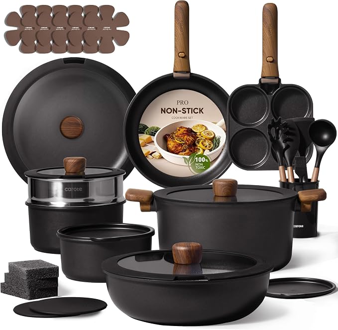 CAROTE 33pcs Pots and Pans Set Non Stick, Detachable Handle Cookware Set | Induction Compatible, Dishwasher & Oven Safe, Space Saving, for Camping/RV/Traveling, Kitchen Cooking Set, Black