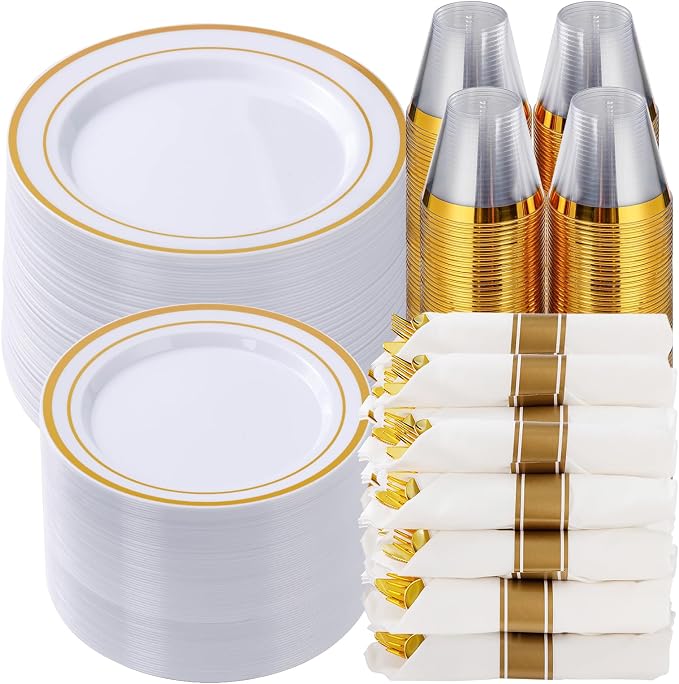 700 Piece Gold Plastic Dinnerware Set for 100 Guests | Disposable Dinnerware Includes: 100 Dinner Plates, 100 Dessert Plates, 100 Pre Rolled Napkins with Silverware, 100 Cups