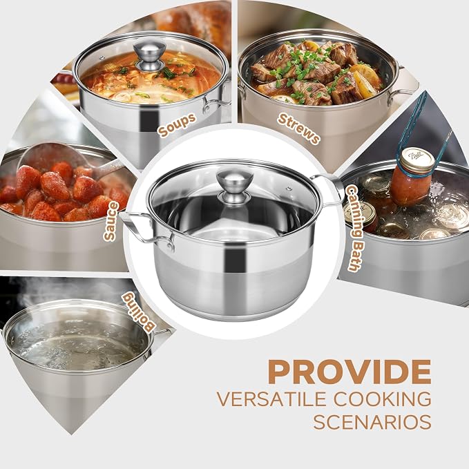 Ohtomber Stainless Steel 8 Quart Induction Stock Pot with Lid | Thick Base Cookware, Heavy Duty, Induction Ready, Ideal for Soup Pasta Stew Simmering Boiling & Canning, Deep Cooking Pot