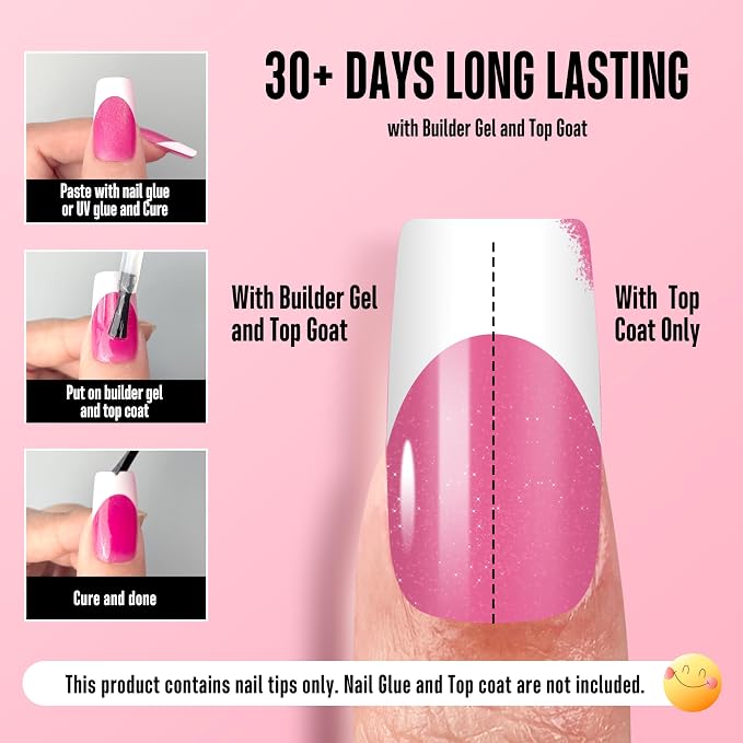 NOVO OVO White French Tip Square Nail Tips Press on ROSE PINK, Extra Thick Medium Soft Gel Fake Nail Acrylic Extension, Need Builder Gel Top Coat, No Glue Included, for Salon DIY x 15 Sizes 240 pcs