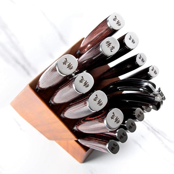 Seido Master 17-Piece Damascus Knife Block Set, Acacia Wood Block | Damascus steel kitchen knives with matching storage block for complete home chef prep