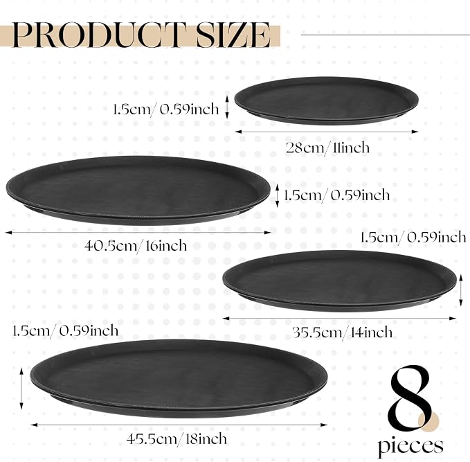 Zopeal 8 Pcs Bar Service Tray Round Plastic Non Slip,11", 14", 16", 18" | For Waiter Server in Restaurant Cafeteria Bar, Raised Edges Prevent Spills, Cocktail Food Server, Textured Surface Grip
