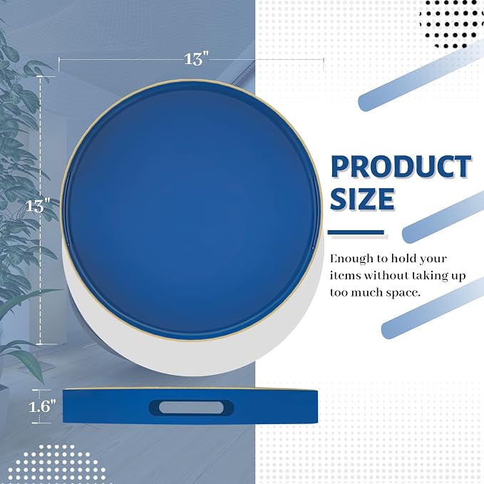 13" Blue Decorative Tray, Plastic Round Serving Tray with Handles | Decorative Tray for Coffee Table, Modern Ottoman Tray, Circle Tea Tray, Round Melamine Tray for Living Room, Bathroom