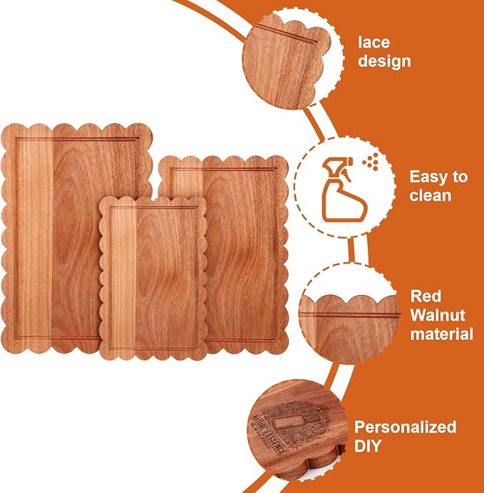 3 Pcs Walnut Wood Scalloped Cutting Boards for Kitchen, Medium | Juice Groove, Blank Wood Charcuterie Tray, Snack Cheese, Appetizers Grazing Platter, Engraving Gift, Crafts Rustic Wall