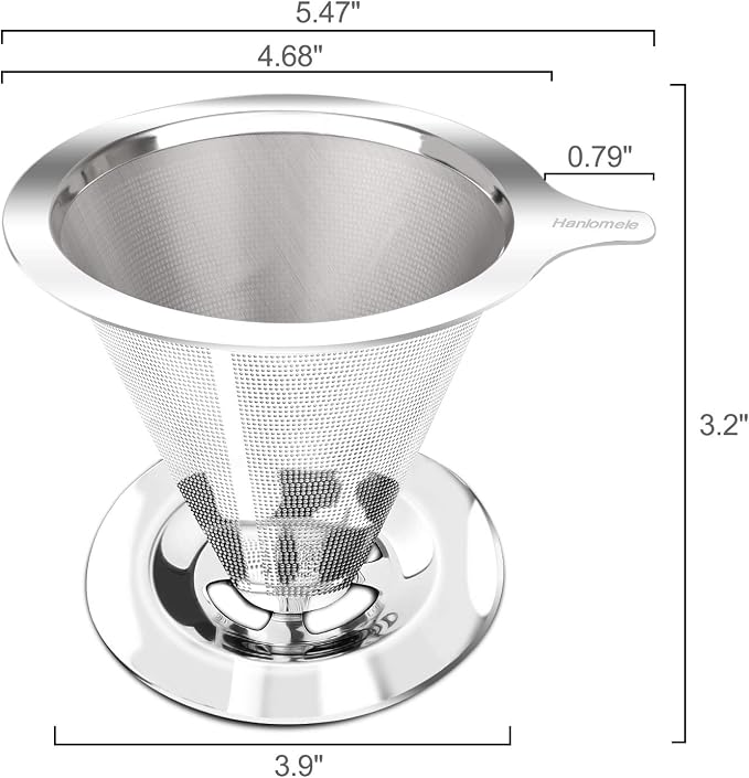 Hanlomele Pour Over Coffee Dripper, Paperless Reusable Coffee Filter, Pour Over Coffee Maker for Single Cup Brew, Double Mesh Design of Stainless Steel Cone Filter for Perfect Extraction (1-2 Cup)