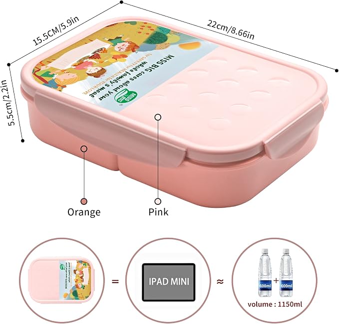 MISS BIG® Bento Lunch Box for Kids, 1150ml, 3 Compartments, Pink | Pink kids lunch box for school, daycare, snack portions, light meals, picnic food, and travel.