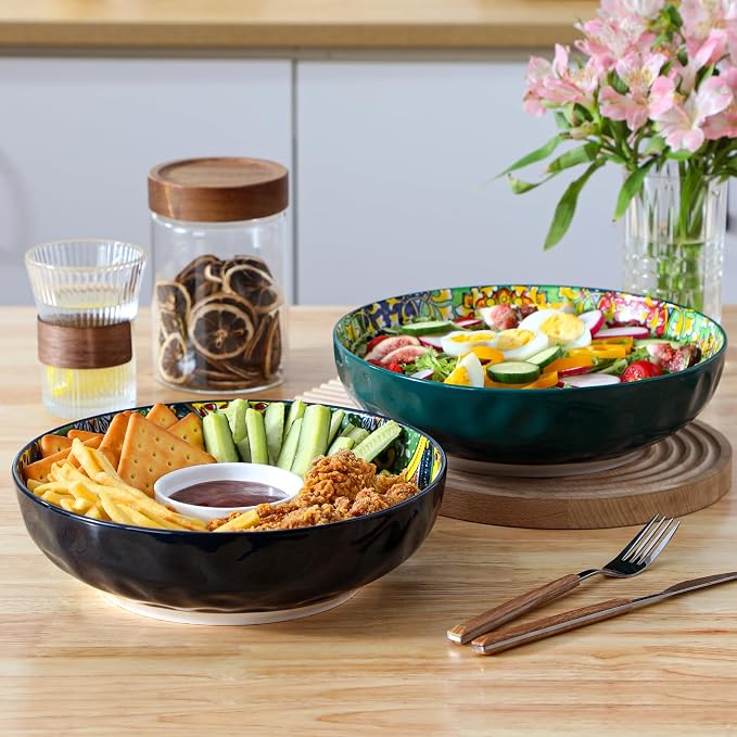 vancasso Large Serving Bowls,78 Oz Salad Bowls Set of 2, Green | Bohemian Decorative Bowls for Salad, Fruit, Pasta and Dinner, Serving Dishes Set for Party, Dishwasher & Microwave Safe
