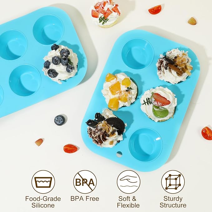 2 Pack Silicone Muffin Pan for Baking, Regular Size Nonstick Cupcake Pan, 6-Cup Silicone Muffin Tin BPA Free Dishwasher Safe, Great for Muffin Cupcake Brownie Egg Tart