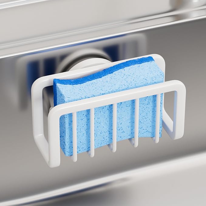 TAILI Sink Caddy with Strong Suction Cup, Sponge Holder for Kitchen-White | Sponge Caddy for Kitchen Sink Oganizer, Removable Rustproof Aluminum Sponge Holder for Dish Brush, Scraper, Scrubber