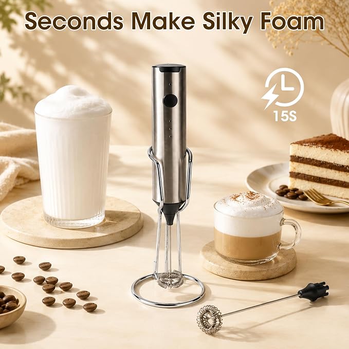 Milk Frother Handheld, Electric Milk Foamer with 2 Whisks & 3 Speeds, USB-C Rechargeable Stainless Steel Drink Mixer, Mini Egg Beater for Latte Cappuccino Matcha Hot Chocolate Protein Shake, Silver