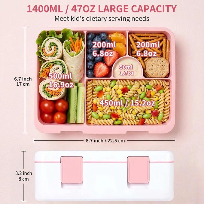 rockpapa Chill Bento Box for Kids- Large 5.5 Cups Lunch Box with Ice Pack - 5 Compartments, BPA-Free, Leak Proof, with Utensils & Portable Handle, Microwave/Dishwasher Safe (White Rainbow)