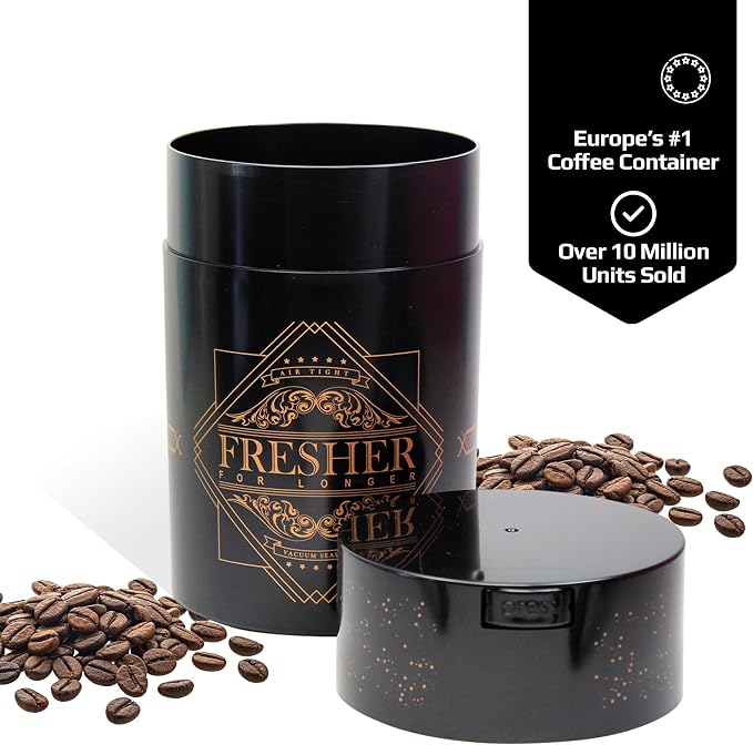 Coffeevac 1LB – Patented Airtight Container | Multi-use Vacuum Container Works as Smell Proof Containers for Ground Coffee and Coffee Bean Containers. Black with Gold Logo
