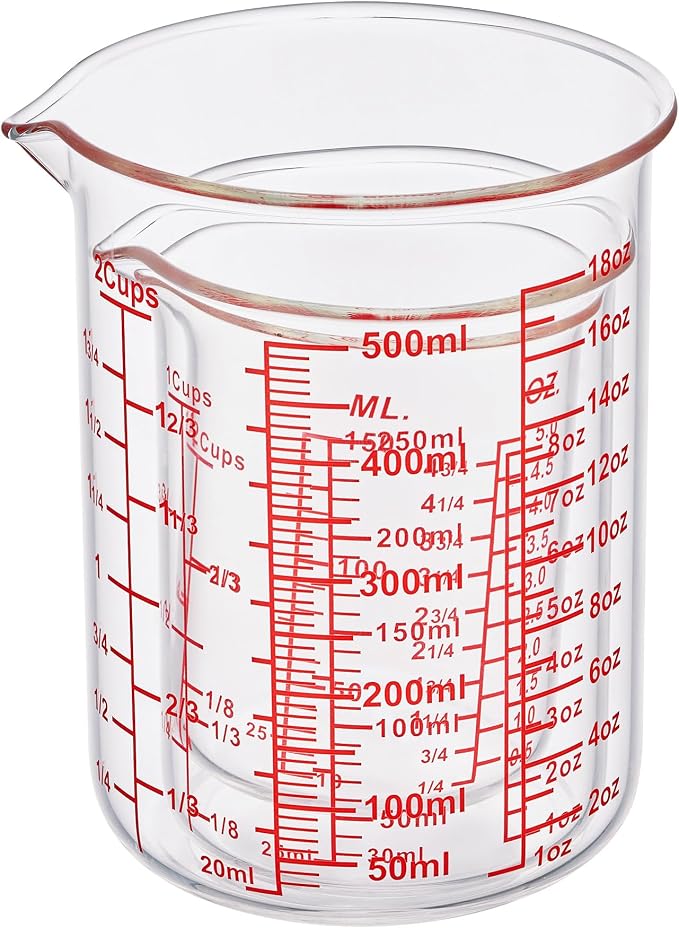 3 Piece Glass Measuring Cup Set, Includes 1/2-Cup, 1-Cup, and 2-Cup High Borosilicate Glasss Liquid Measuring Cups, Dishwasher, Freezer, Microwave, and Preheated Oven Safe, Essential Kitchen Tools