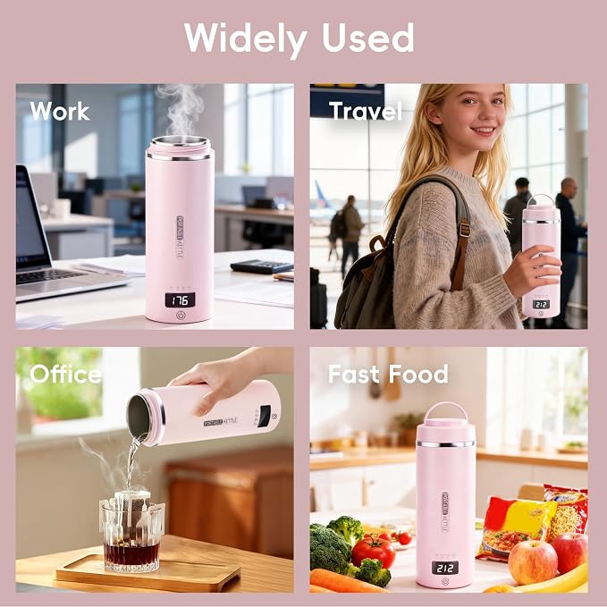 Travel Kettle, Portable Electric Kettle for 4 Temperature Controls, Pink | 304 Stainless Steel Liner, Auto Shut-off, 300W (120V) Fast Boiling, Water Bottle for Business Trips, Dorm & Office, 450ml