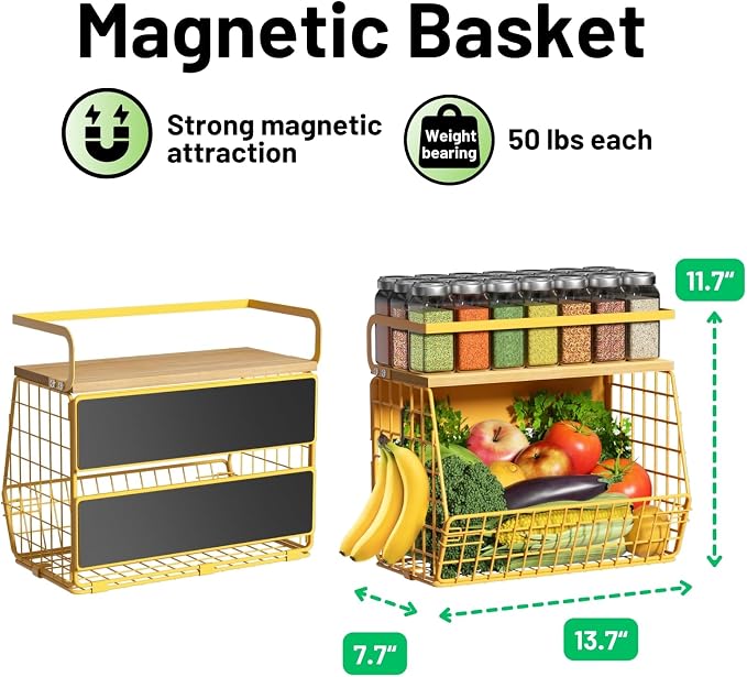 Magnetic Shelf for Fridge with Wood Lid, Fruit Potato and Onion Storage Bins, Pantry Organizers & Storage, Large Container Magnetic Spice Rack for Refrigerator, Kitchen Counter, Cabinet (Yellow, 2)