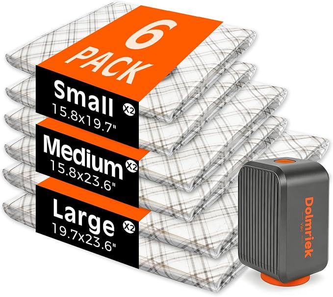 6-Pack Vacuum Seal Bags for Clothing Travel with Cordless Pump | Vacuum Storage Bags for Clothes with 4000Pa Suction, 2400mAh Rechargeable Pump, Carry-On Packing for Luggage and Suitcases