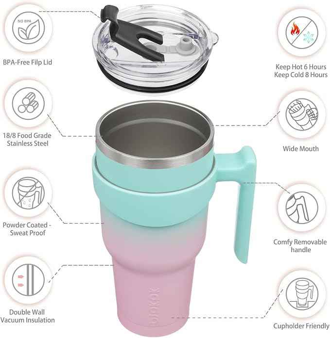 BJPKPK 40 oz Tumbler with Handle & Straw, Insulated Stainless Steel Mug | Double Wall Vacuum, Keeps Hot/Cold, Thermal Cup, BPA Free, Dishwasher Safe, Cupholder Fit, Coffee & Travel, Bubble Gum