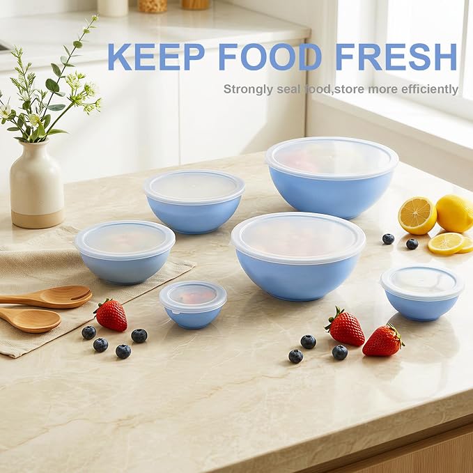 BoxedHome BPA Free Plastic Round Mixing Bowl with Lids, 12 Pack Nesting Bowls with Lids Set, Microwave and Dishwasher Safe Prep & Serving Bowls Great for Mixing, Baking, Serving (Pale Blue, 12pcs)