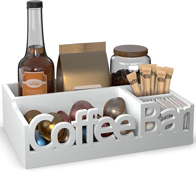 Coffee Bar Organizer Countertop, White Wood Coffee Station Caddy Tray,White | Coffee Pods, Tea Bags, Creamers & Condiments