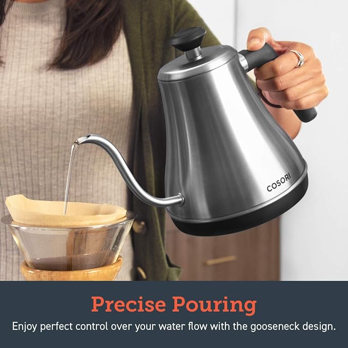 Cosori Gooseneck Electric Kettle with Temperature Control, 0.8L, Silver | No Plastic Contact with Water, 5 Presets, 60-Min Keep Warm, Pour Over Coffee & Tea, Stainless Steel Interior, 1200W