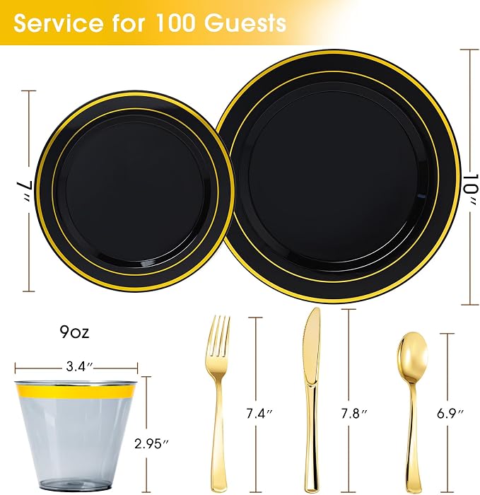 600PCS Black Gold Plastic Plates, Disposable Dinnerware Set for Party | 100 Guest, 100 Dinner & Dessert Plates, Forks, Spoons, Knives, Cups, for Birthday, Graduation, Retirement & Wedding