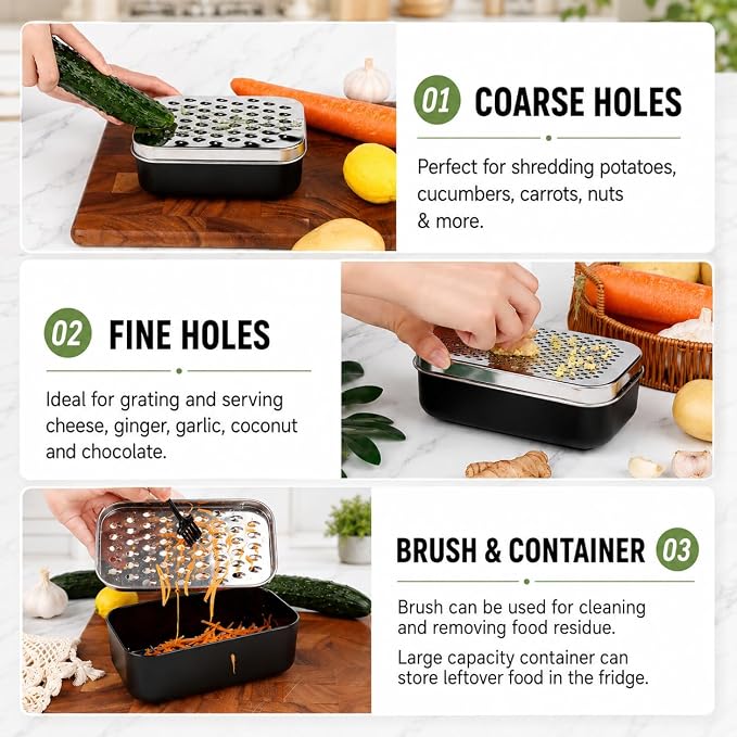 Cheese Grater with Storage Container, Box Grater Stainless Steel for Vegetables, Cheese Shredder 2 Sharp Blades for Fine & Coarse, Non-Slip Base, Lemon Zester, Includes Cleaning Brush(Red)