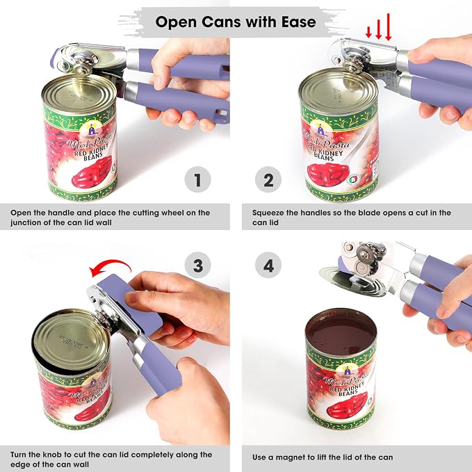 Beneno Heavy Duty Hand Can Opener Manual with Magnet Lid Remover, Purple | Razor-Sharp Carbon Steel Blade, Precise Smooth Cutting Gear, Big Effort-Saving Knob, Soft Grip Handle, Built-in Bottle Opener