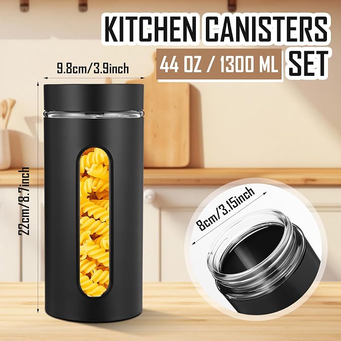 Patelai 6 Pack Kitchen Canisters Set Airtight Stainless Steel Canister Food Storage Container with Window Glass, Coffee Sugar Candy Jars Tea Organizer for Flour Cookies Spice(Black,44 oz)