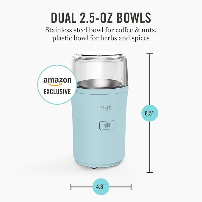 Martha Stewart Electric Coffee & Spice Grinder with Dual Bowls, Sky Blue | Dual 2.5oz Removable Bowls for Coffee Beans, Nuts, Herbs & Spices, Stainless Steel Blade, One-Touch Pulse Control, Easy Clean