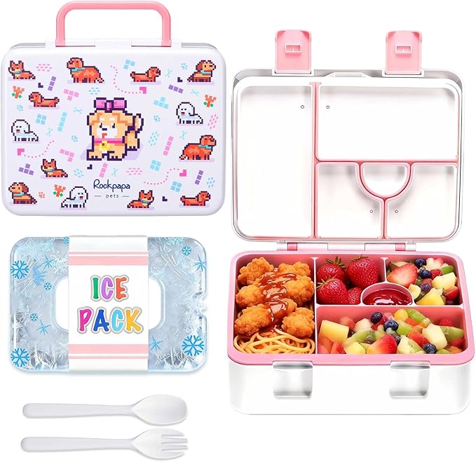 rockpapa Chill Bento Box for Kids- Large 5.5 Cups Lunch Box with Ice Pack - 5 Compartments, BPA-Free, Leak Proof, with Utensils & Portable Handle, Microwave/Dishwasher Safe (White Pets Dog)