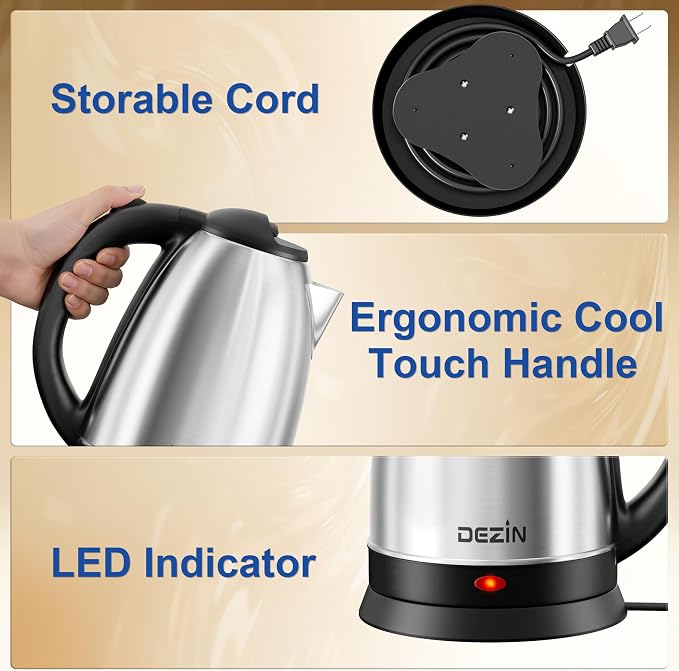 DEZIN 2L Electric Kettle, Fast Boil Electric Tea Kettle, 1000W Water Boiler | BPA-Free Electric Water Kettle Stainless Steel, Auto Shut-Off & Boil-Dry Protection, Ideal for Boiling Water, Coffee, Tea