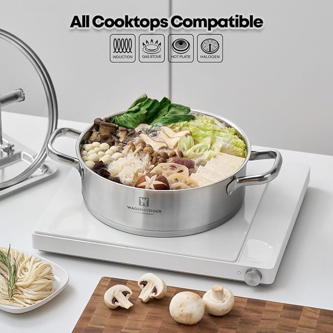 WAGENSTEIGER 4.3 Quart Casserole Pot/Dutch Oven/Saute Pan, 3-Ply Stainless Steel with Aluminum Core, Tempered Glass Lid, Ergonomic Handles, All Cooktops Compatible (9.84" Diameter Casserole)
