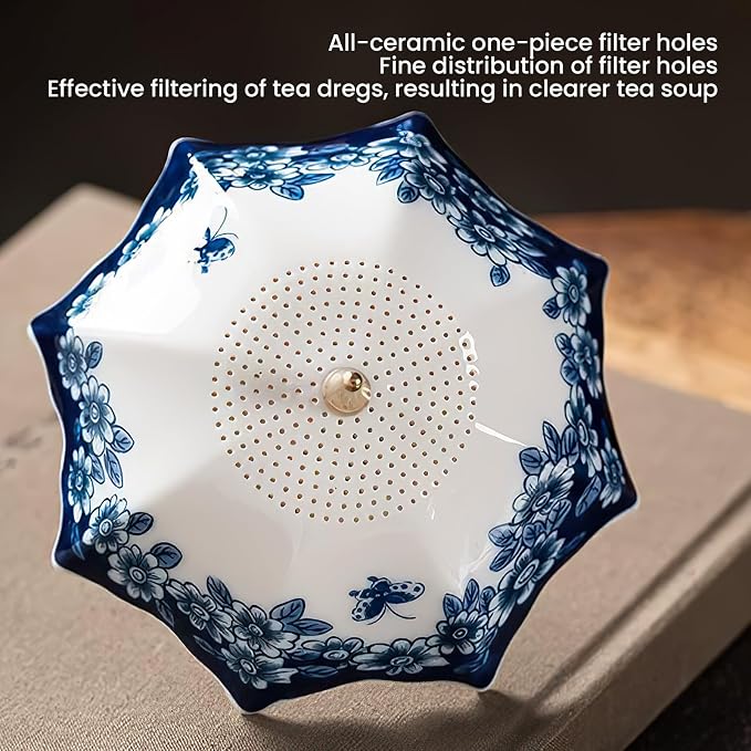 Umbrella Shape Ceramic Tea Strainer - Chinese Blue & White Porcelain Loose Leaf Filter with Rotating Design, Multi-Purpose Tea Infuser for Kung Fu/Coffee/Brewing (Bule)