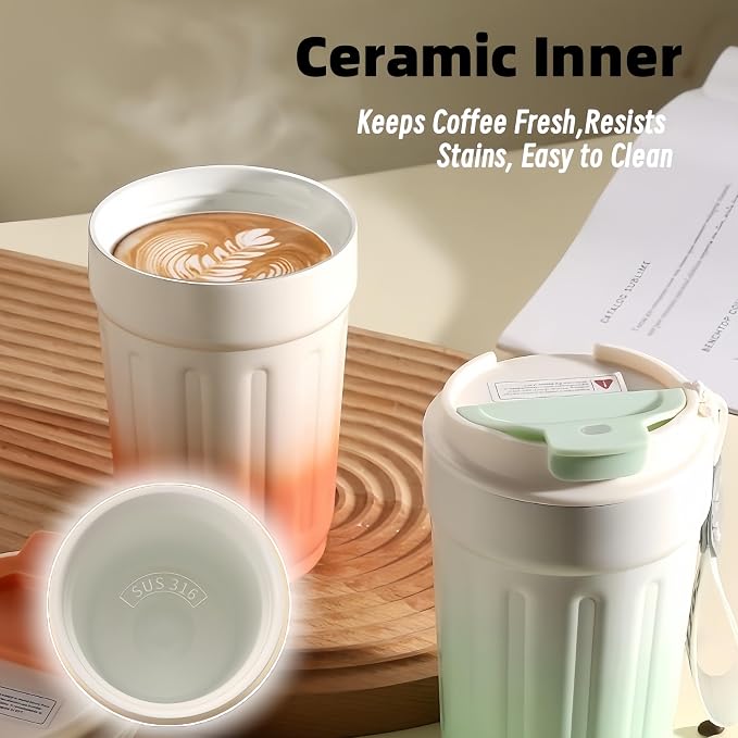 14oz Portable Vacuum Insulated Coffee Mug, Ceramic Lined Travel Cup | Gradient finish;Leakproof lid;Grooved non-slip grip;Carry strap;Easy-clean parts;For coffee, milk, tea and juice