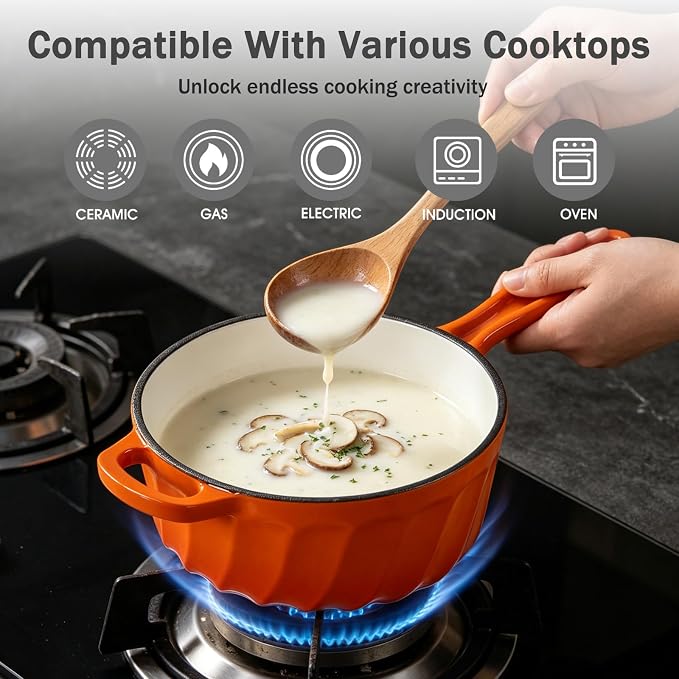 Enameled Cast Iron Sauce Pan with Lid, 2 Quart Saucepan with Lid | Dutch Oven with Lid, Small Cast Iron Pot for Cooking Pasta, Soup, Milk, Induction & Oven Safe Up to 500°F, Orange
