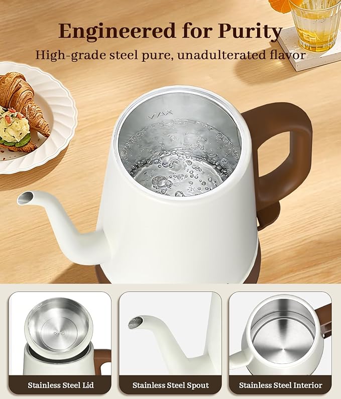 Gooseneck Electric Kettle 1L, 1000W, Pour-Over Coffee & Tea | Precise Flow Spout, 304 Stainless Steel, BPA-Free, Fast Boiling, Auto Shut-Off & Boil-Dry Protection, Retro Design (White)