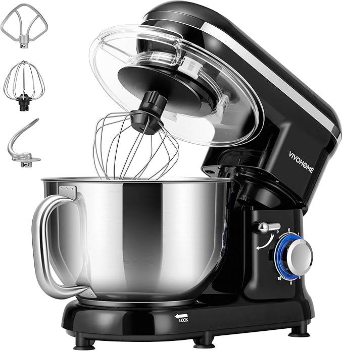 VIVOHOME Stand Mixer, 6-Quart Tilt-Head Kitchen Mixer with Bowl, Black | 10 Speeds, Dough Hook, Beater, Whisk, Splash Guard, Egg Separator, for Cake & Bread