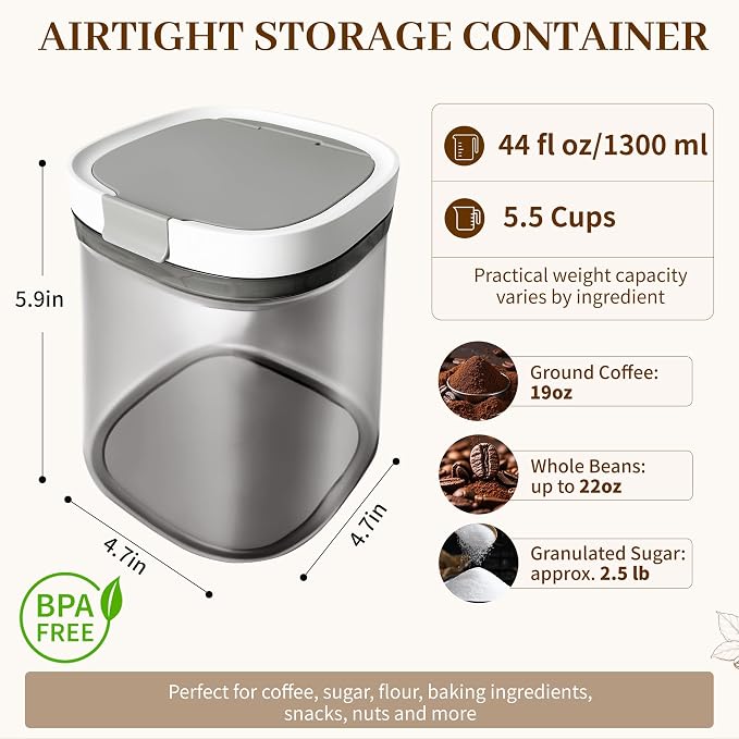 Airtight Coffee Storage Canister Container 15 oz with Magnetic Scoop, Brown Sugar Container Kitchen Food Storage Jar with Spoon for Grounds Coffee, Beans, Tea, Sugar, Flour, Cereal