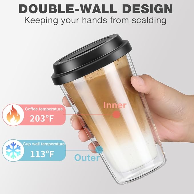 Qipecedm® 2 Packs Double Walled Glass Coffee Mugs with Silicone Lids, 12 OZ Reusable Glass Coffee Cups, Insulated Coffee Mugs, Cappuccino,Tea,Latte,Iced Coffee Cups, Glass Travel Mug, Heat Resistant