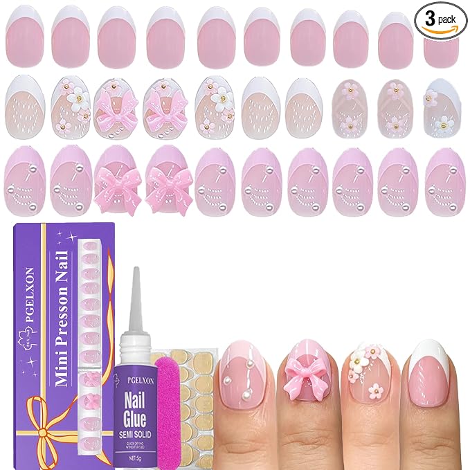 72pcs Press on Nails for Kids, French Tip Nails with Pearls, Bows, Flowers | Kids Press on Nails for 8-12, 12 Size, Non-Toxic, Fashion Nail Kit with Adhesive Tabs, Nail File, for Christmas, Birthday