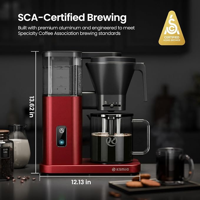 Kismile SCA-Certified 8 Cup Drip Coffee Maker, Pour Over Coffee Machine with 3s Instant Heat 197–205℉, Adjustable Flow Control, Removable Water Tank, Deep Cold Brew & 40 Min Keep Warm (Red)