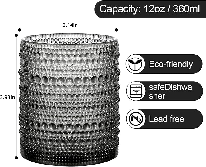 ZMOWIPDL Drinking Glasses Set of 6,12oz Grey Hobnail Glass Cups | Vintage Glassware，Embossed Water Tumbler,for Beer,Cocktail,Whiskey,Juice and Various Mixed Drinks- 1 Cleaning Brush