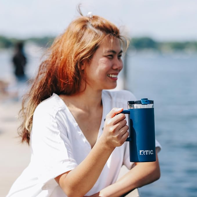 RTIC 16oz Road Trip Travel Mug with Lid and Handle, Ceramic Lined, Beach | Stainless Steel Metal, Insulated Travel Cup for Hot and Cold Drinks, Coffee, Car, Camping and Travel