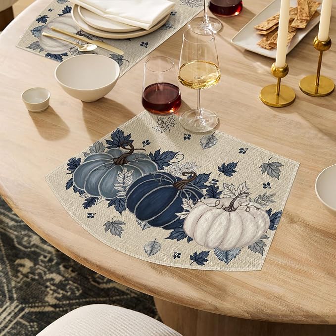 Artoid Mode Navy Blue Pumpkins Fall Wedge Placemats Set of 4-12 x 18 Inch | Heat-Resistant, Washable Table Mats, Seasonal Autumn Kitchen Dining Decor