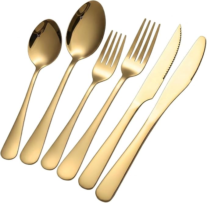 GPY 48-Piece Gold Silverware Set with Steak Knives, Flatware Set for 8 | 18/0 Stainless Steel Forks Spoons and Knives Flatware Set with Mirror Polish, Dishwasher Safe for Home Kitchen & Restaurant